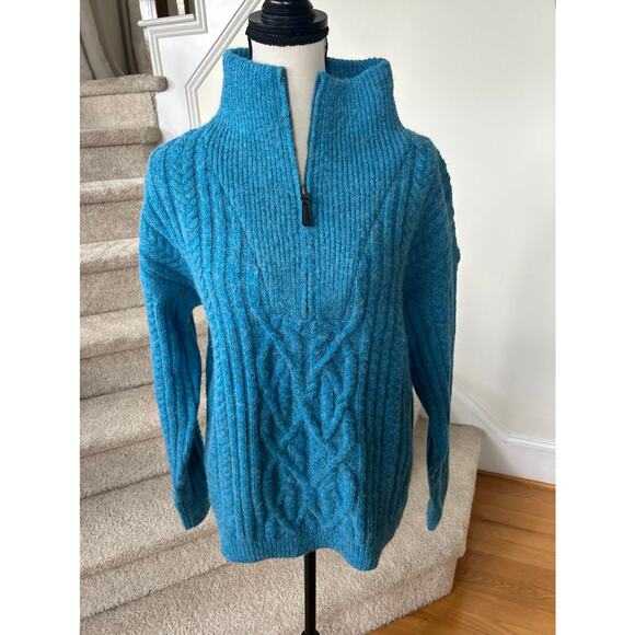 Sundance Teal Blue Cableknit Quarter Zip Mock Neck Long Sleeve Sweater - Picture 1 of 5